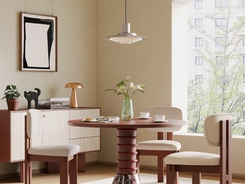  复古风圆餐桌椅 实木圆餐桌椅3d模型 