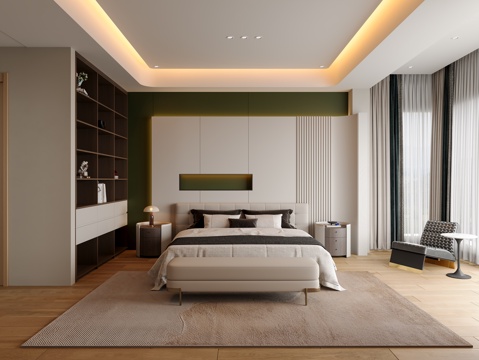  现代简约卧室 无主灯卧室 阳台卧室 主卧 弧形墙板3d模型 