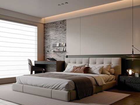 现代简约卧室 主卧 布艺床 书桌椅组合 书架 床头柜 床头吊su模型