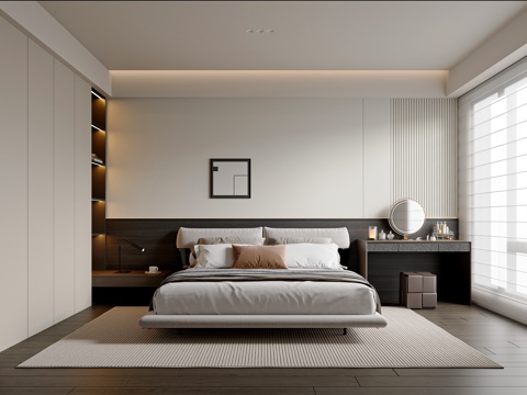 现代简约卧室 布艺床 梳妆椅组合 衣柜 挂画 主卧su模型