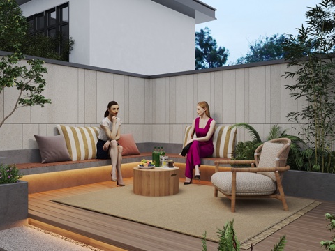  现代庭院花园 背景墙围墙 休闲转角卡座 休闲单人椅 圆形柚木3d模型 