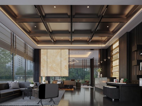 新中式售楼处 售楼处大厅 售楼处 洽谈间su模型