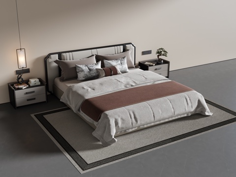 新中式双人床 布艺双人床 床头柜 吊灯 地毯su模型