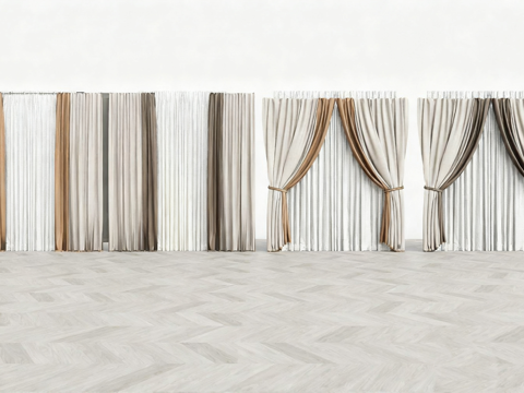 现代窗帘 多层窗帘 纱帘遮光帘 法式褶皱工艺窗帘su模型