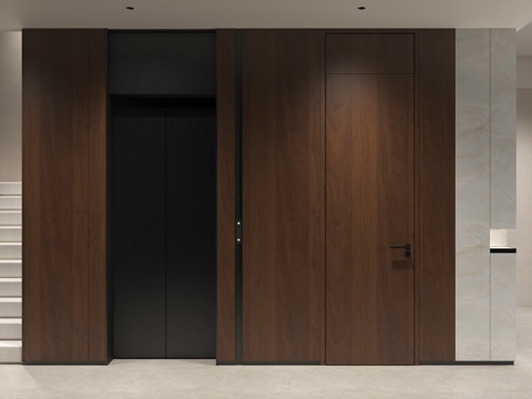 现代意式过厅墙板 现代电梯厅棕木纹 现代过道墙板 深棕色木纹su模型