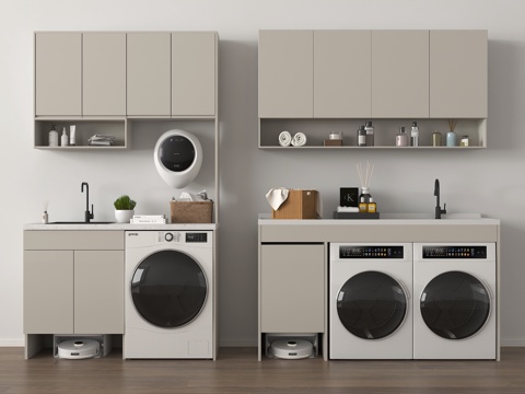 现代洗衣机柜 阳台柜 洗衣机 烘干机 扫地机器人 卫浴用品su模型