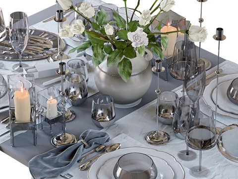 新古典餐桌布置 餐具3d模型 