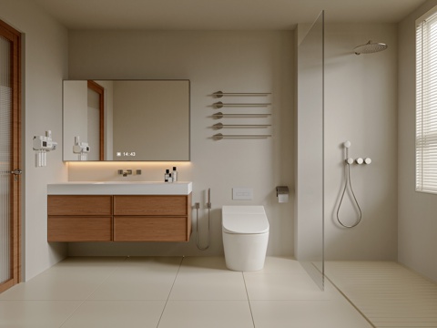 奶油风中古卫生间 卫浴柜 卫浴小件 卫浴用品 干湿分离卫生间su模型