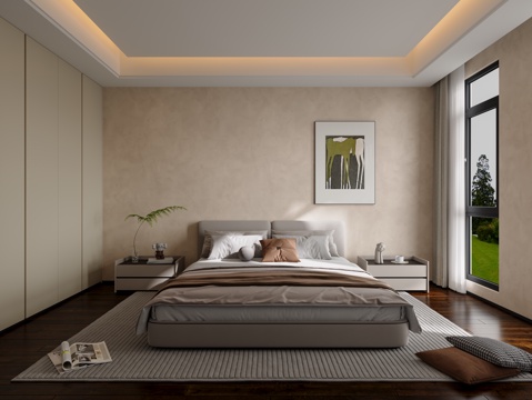  现代简约卧室 无主灯卧室 铣型拉手 艺术涂料背景 主卧3d模型 