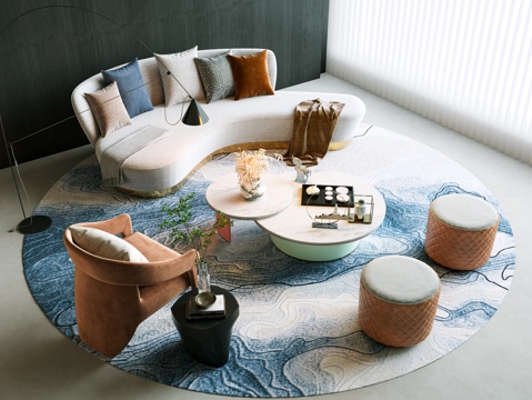 新中式沙发茶几组合 沙发茶几组合 弧形沙发 圆形地毯su模型