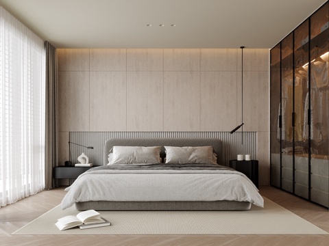 现代卧室 双人床  衣柜su模型