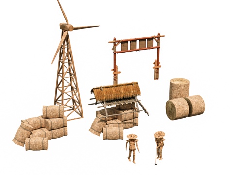  新中式现代其他小品 农耕稻草装置 中式草垛乡村3d模型 