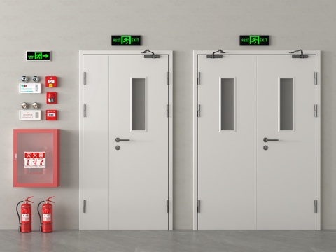 现代消防门 防火门 安全出口 应急感应灯 消防栓 灭火器su模型