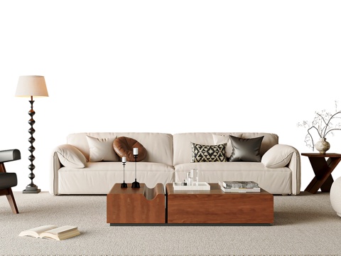 中古风沙发茶几组合 休闲椅 茶几 落地灯 客厅沙发su模型