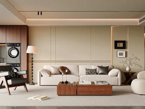 中古风客厅 沙发茶几组合 休闲椅 阳台柜 挂画 茶几 落地灯su模型