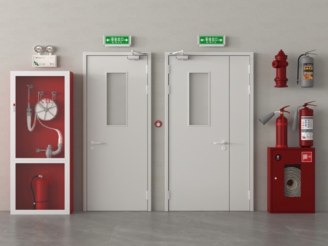 现代消防门 防火门 安全出口 应急感应灯 消防栓 灭火器su模型