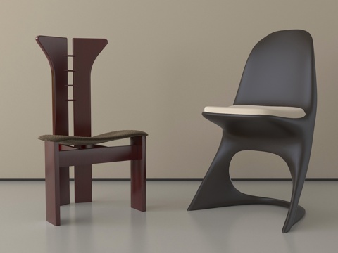 现代中古风餐椅 实木 单椅 休闲椅su模型