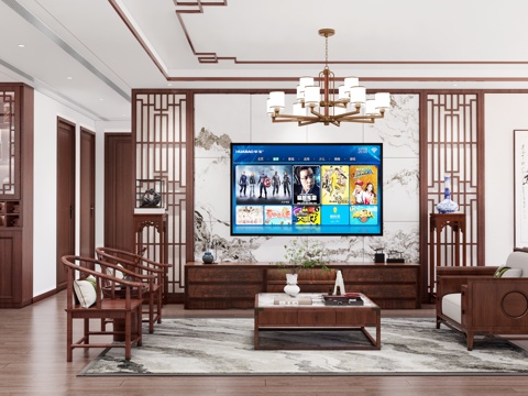 新中式客厅  客厅  沙发  电视背景墙su模型