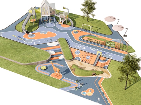 景观公园口袋公园 儿童游乐场地 塑胶跑道活动场地 滑梯 小区su模型