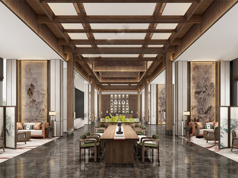 新中式售楼处 售楼处大厅su模型