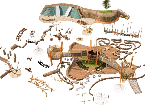 景观公园口袋公园 公园景观台廊架 儿童游乐场地 滑梯沙地沙坑su模型