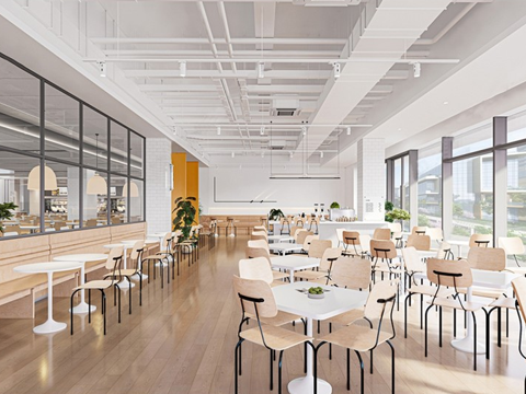 现代员工食堂 现代员工餐厅 餐桌椅组合su模型