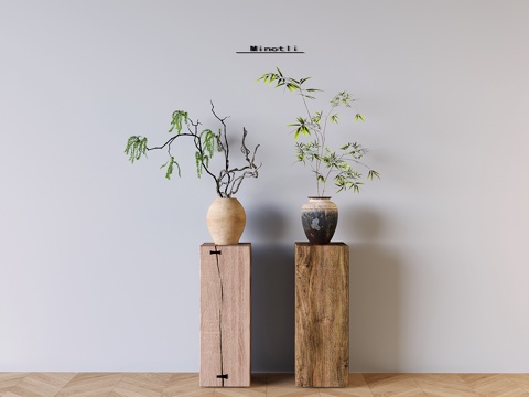 中式实木花架花几 侘寂风花几 陶罐绿植摆件 植物su模型