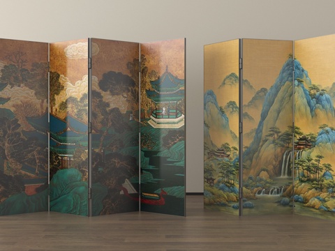 新中式折叠屏风隔断 实木格栅屏风su模型