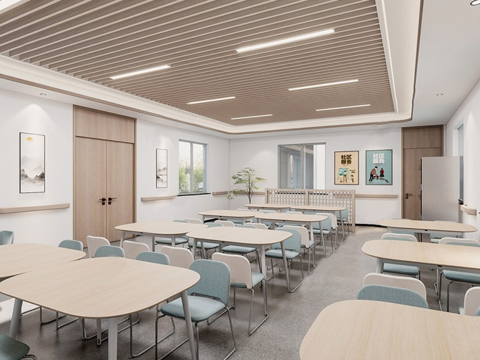 现代食堂 餐厅 员工食堂 老年养老院食堂 餐桌椅 绿植su模型