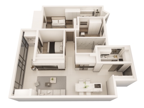 现代风格家装鸟瞰  样板房 客餐厅 卧室 厨房 卫生间 家具su模型