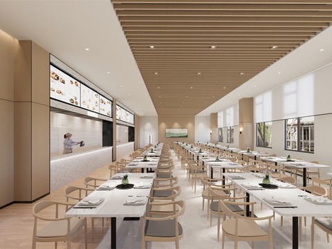 现代员工餐厅员工食堂  餐桌椅组合su模型