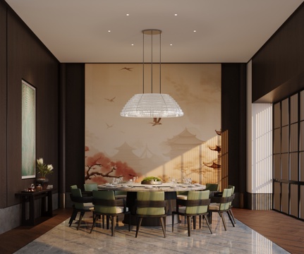 新中式餐厅包厢 包间 吊灯餐桌椅 条案su模型