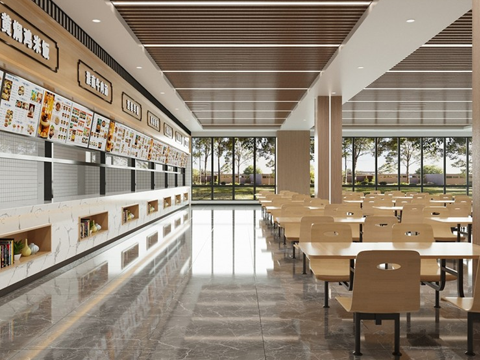 现代员工食堂 员工餐厅su模型
