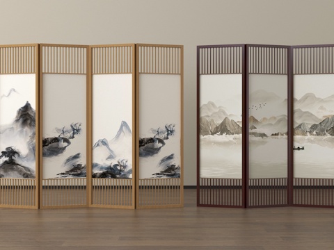 新中式折叠屏风隔断 实木格栅屏风su模型