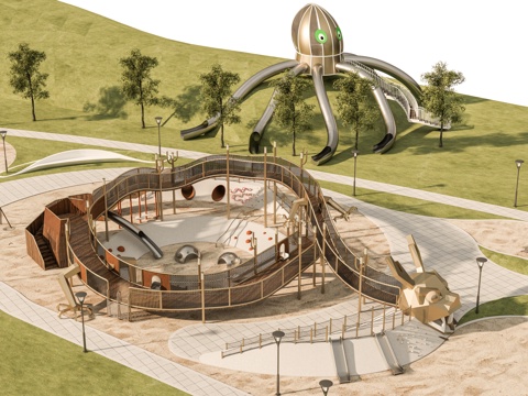 景观公园口袋公园 景观栈道景观台 儿童游乐场地 滑梯沙地沙坑su模型