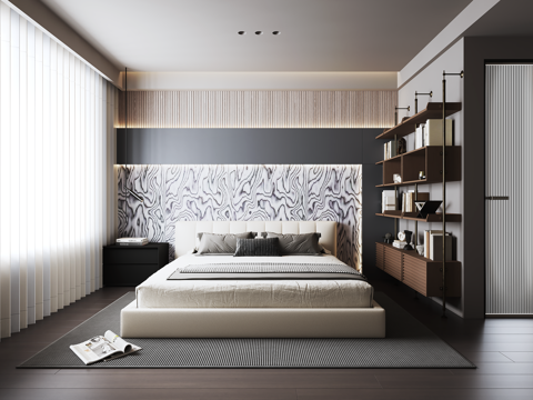 意式现代卧室 双人床 床头柜 书柜 卫生间su模型