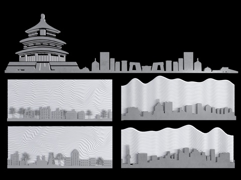 异形背景墙板 立体波浪背景墙 波纹波浪背景墙 博物馆背景 建su模型