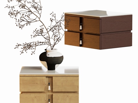 现代原木中古床头柜su模型