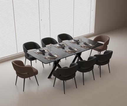 现代餐桌 大理石餐桌 皮质餐椅 餐桌椅组合 餐具su模型