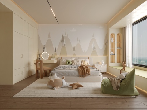  现代奶油风儿童房3d模型 