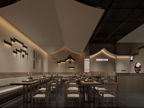  新中式餐厅 徽派餐厅3d模型 