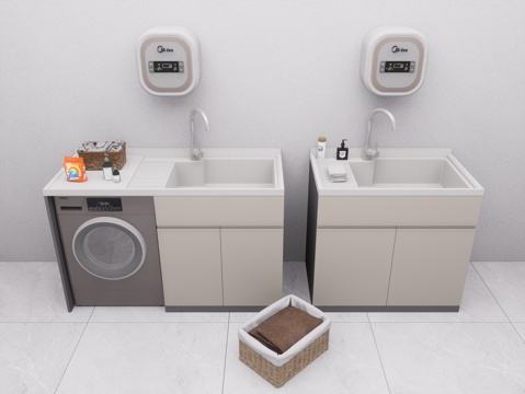 现代洗衣机柜 洗手台陶瓷洗衣池 洗衣池 阳台柜 洗衣机su模型