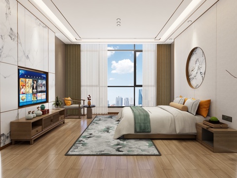 新中式酒店客房   单人间  背景墙su模型