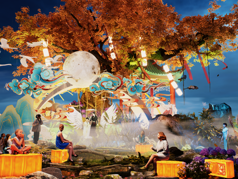 网红打卡国潮古风中秋灯笼集市美陈su模型