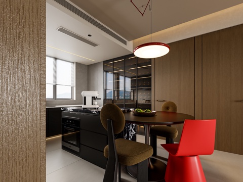  开放式厨房餐厅 岛台圆餐桌3d模型 