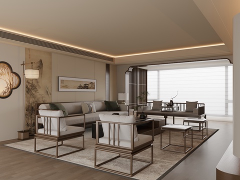  新中式禅意客厅 宋氏美学客厅 沙发茶几3d模型 