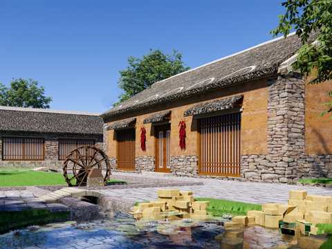 中式乡村建筑 农家乐 土墙 农家院su模型