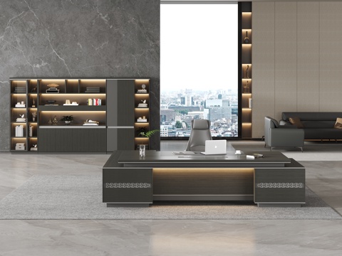  现代风格办公室 老板办公室 大班桌 书柜3d模型 