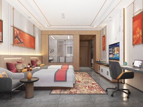 新中式酒店客房  双人间  双床房  背景墙su模型