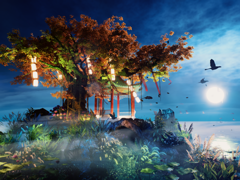 网红打卡国潮古风中秋灯笼集市美陈su模型